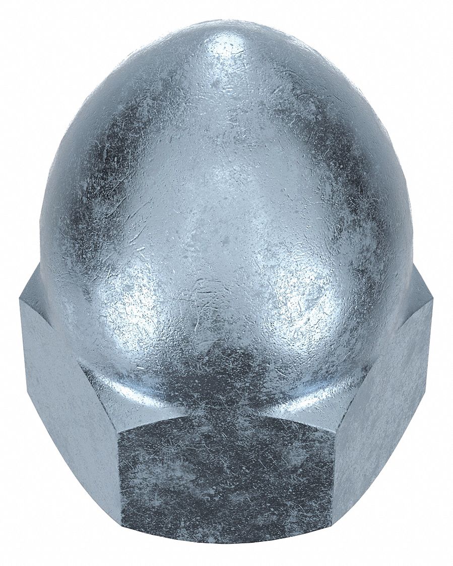 Cap Nut: High Crown, 7/16"-14 Thread, Zinc-Plated, 12L14, Steel, 0.875 in Ht, 5/8 in Hex Wd, 5 PK