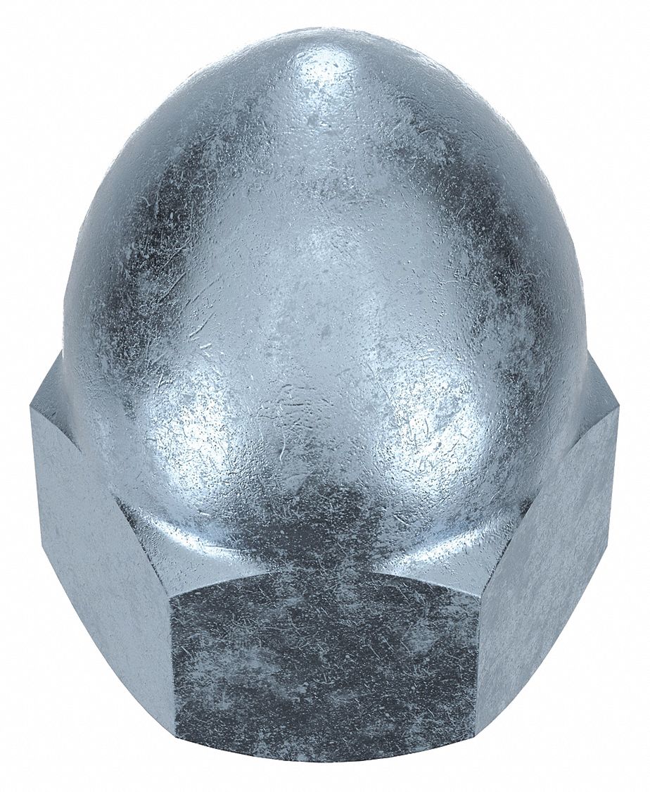 Cap Nut: High Crown, 1"-8 Thread, Zinc-Plated, 12L14, Steel, 1.969 in Ht, 1 7/16 in Hex Wd