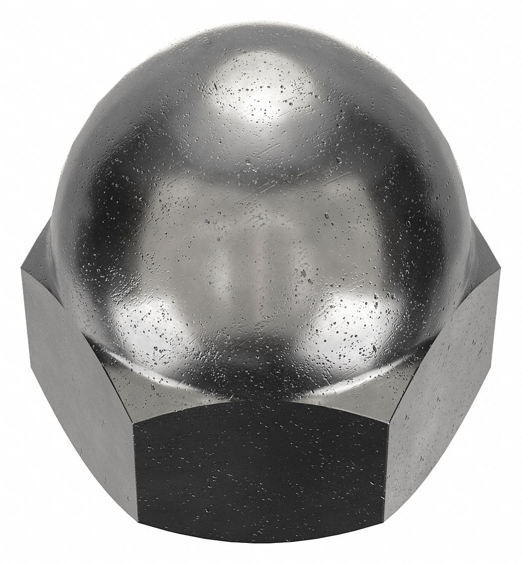 Cap Nut: Low Crown, #12-24 Thread, Plain, 12L14, Steel, 0.406 in Ht, 3/8 in Hex Wd, 10 PK