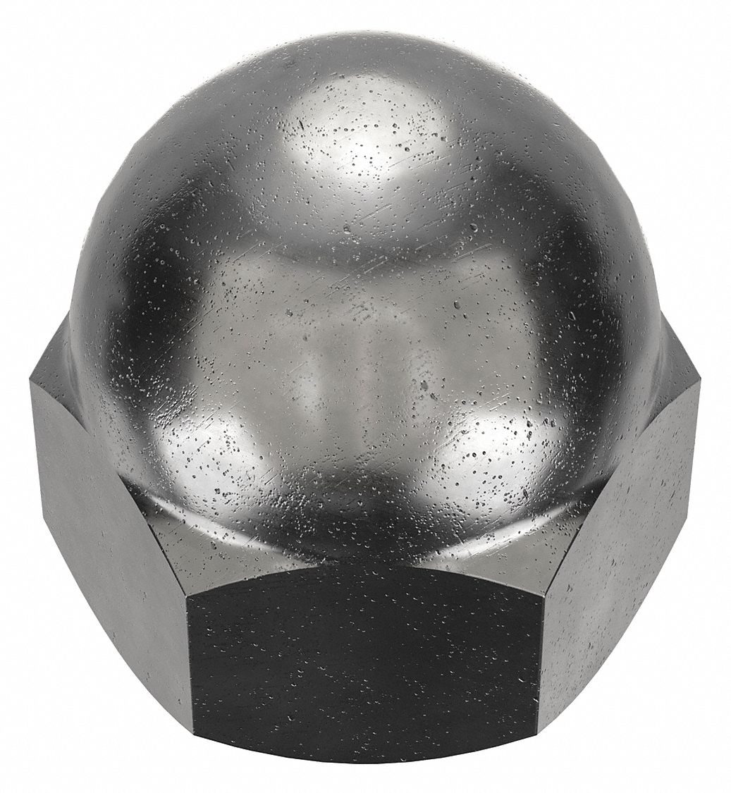 Cap Nut: Low Crown, 1/2"-13 Thread, Plain, 12L14, Steel, 0.406 in Ht, 3/4 in Hex Wd, 3 PK