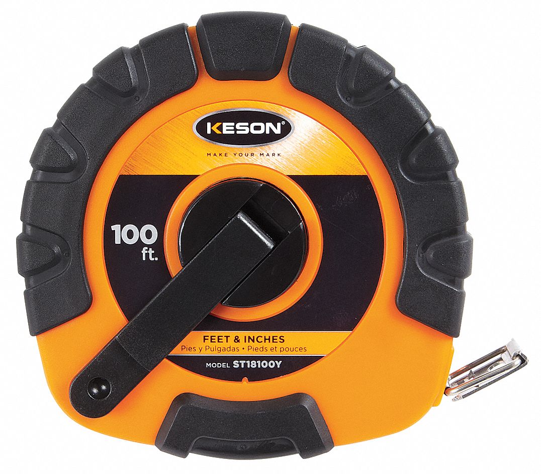 KESON Long Tape Measure 100 ft Blade Lg, 3/8 in Blade Wd, in/ft