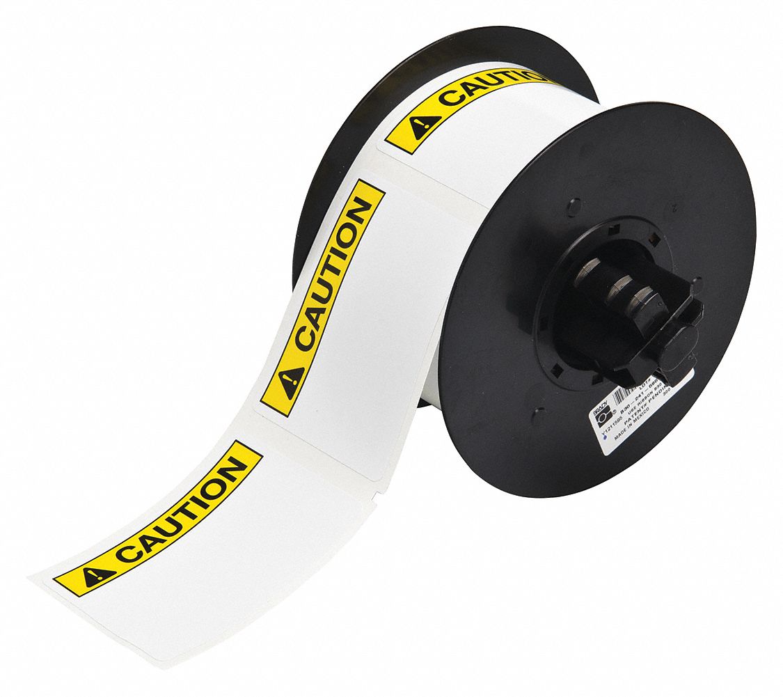 PRECUT LABEL ROLL, CAUTION, CAUTION HEADER, 2¼ IN X 3 IN, VINYL, OUTDOOR, 300 LABELS, WHITE/BLACK/YELLOW