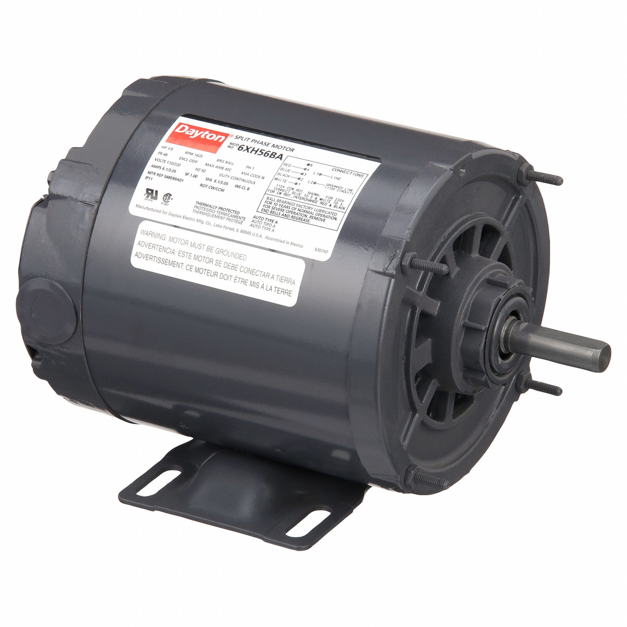 50 Hz Motor: Open Drip Proof, 48 Frame Size, Rigid Base Mounting, Auto, 1/3 hp, 6.1/3.0 A, 1