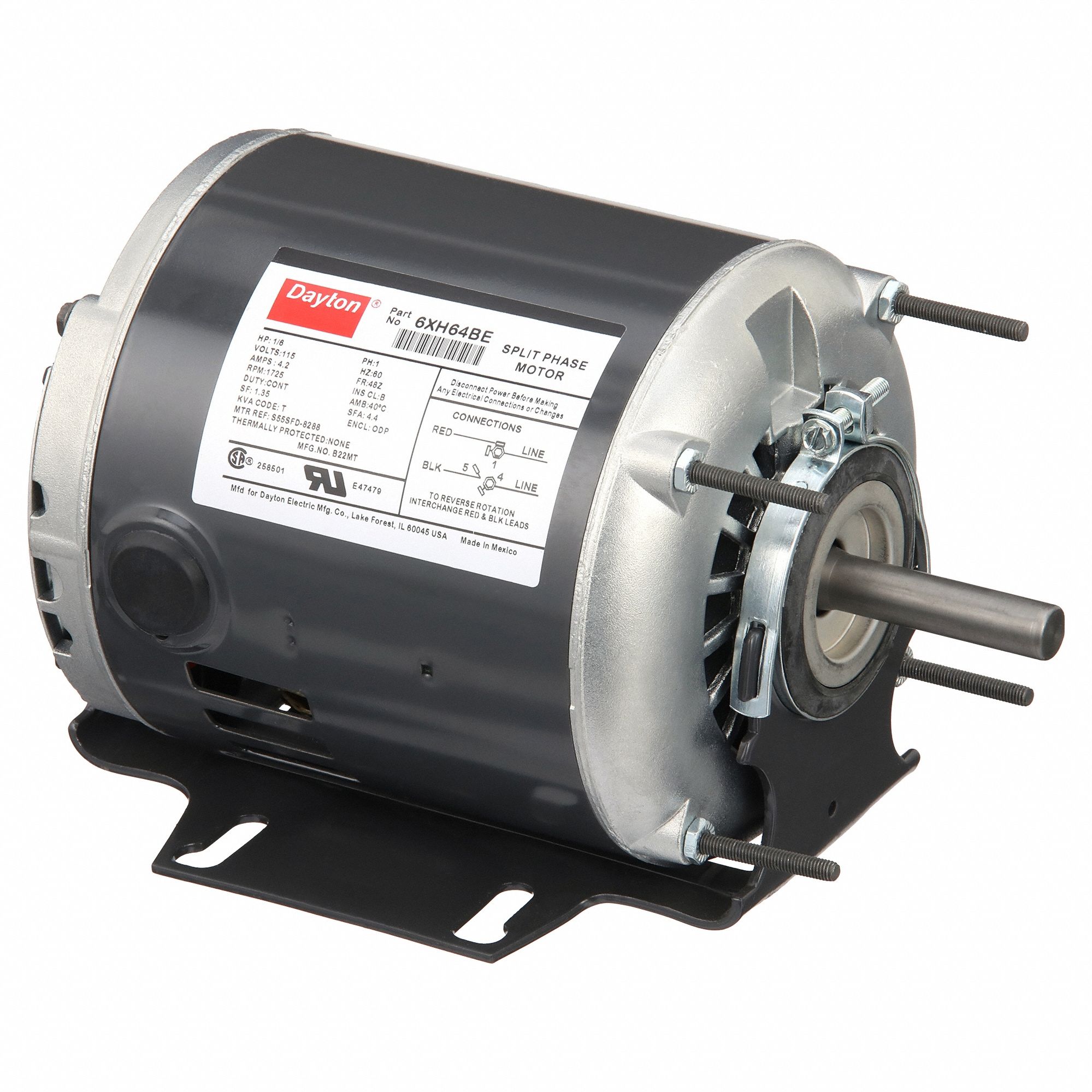General Purpose Motor: Single Phase, 1/6 hp, 115V AC, 48Z Frame Size, 1/2 in x 1 7/8 in, B