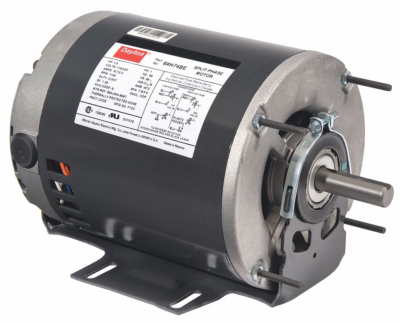 DAYTON General Purpose Motor, 1/3 HP, Split-Phase, Nameplate RPM 1,140 ...