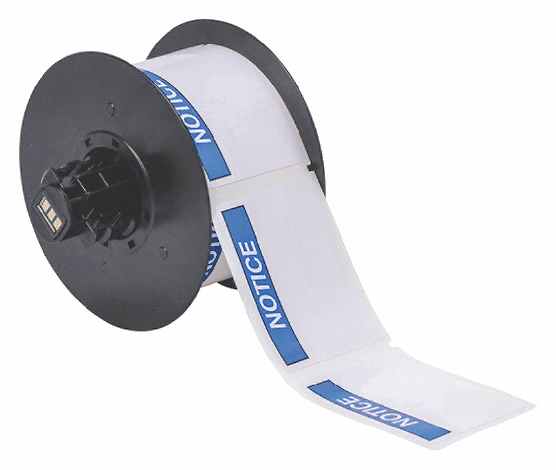 PRECUT LABEL ROLL, NOTICE, NOTICE HEADER, 2¼ IN X 3 IN, VINYL, OUTDOOR, 300 LABELS, WHITE/BLUE
