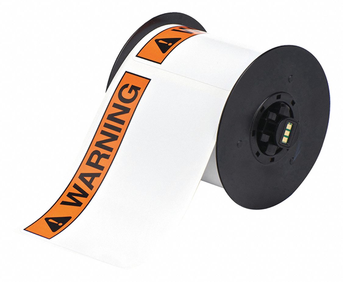 PRECUT LABEL ROLL, WARNING, WARNING HEADER, 4 IN X 6 IN, VINYL, OUTDOOR, 175 LABELS, WHITE/BLACK/ORANGE