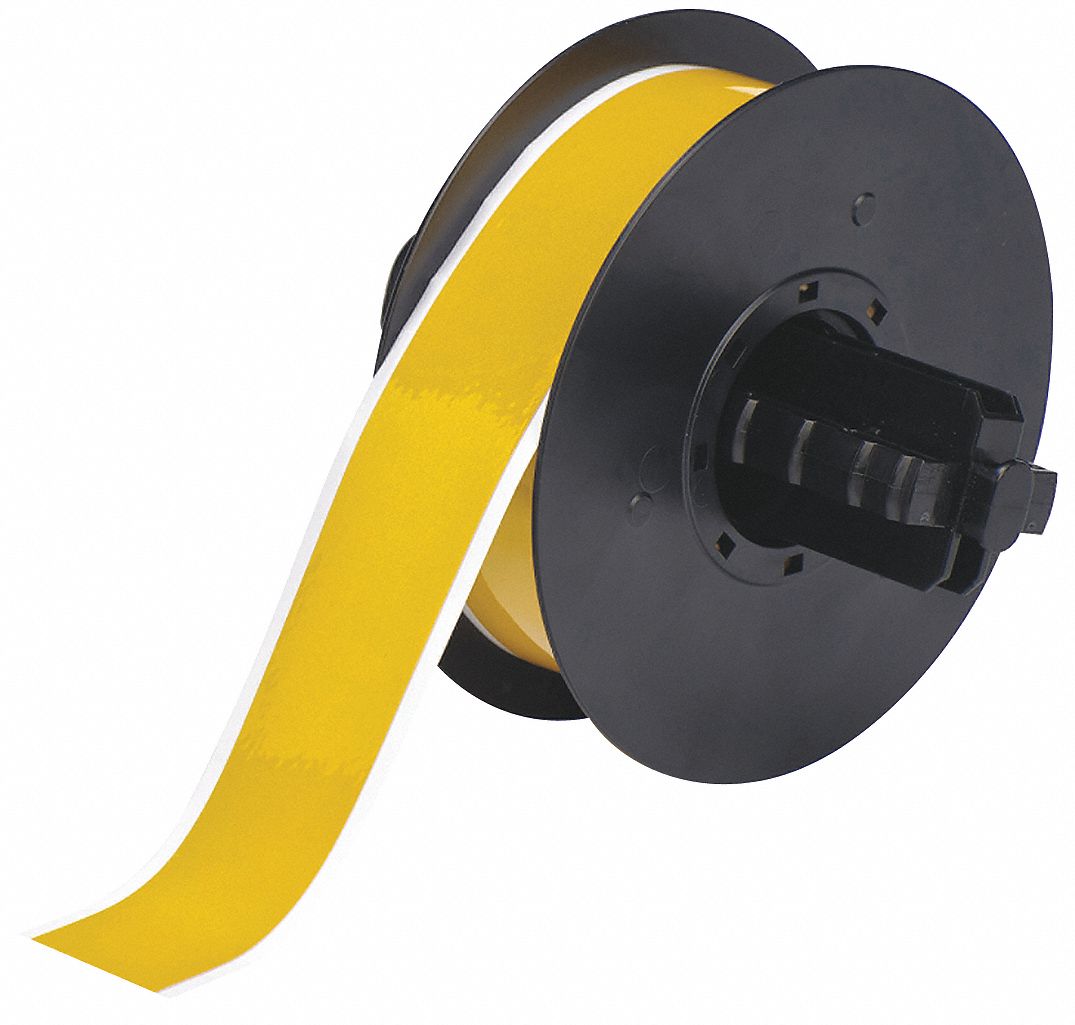 Continuous Label Stock: 1 1/8 in x 50 ft, Plastic, Yellow (Gloss), Outdoor