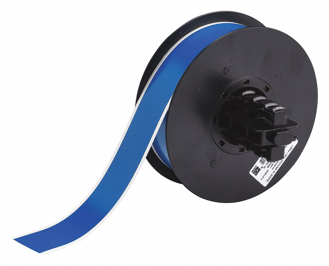 Continuous Label Stock: 1 1/8 in x 100 ft, Vinyl, Blue (Gloss), Outdoor