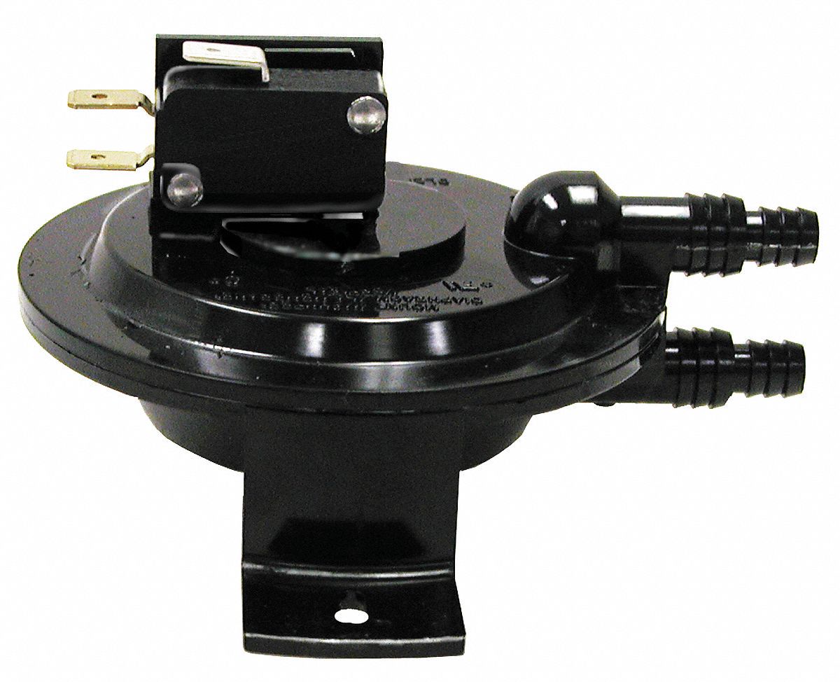 Air Pressure Switch: Adj, Manual Reset, 1 in wc to 0.5 in wc, Open Mounted, SPDT, Barb