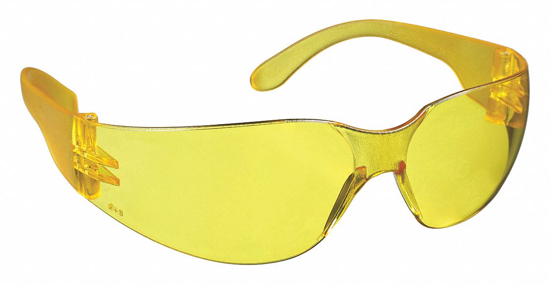 RADIANS SAFETY GLASSES, FRAMELESS, WRAPAROUND, PC, AMBER, 9¾BASE CURVE