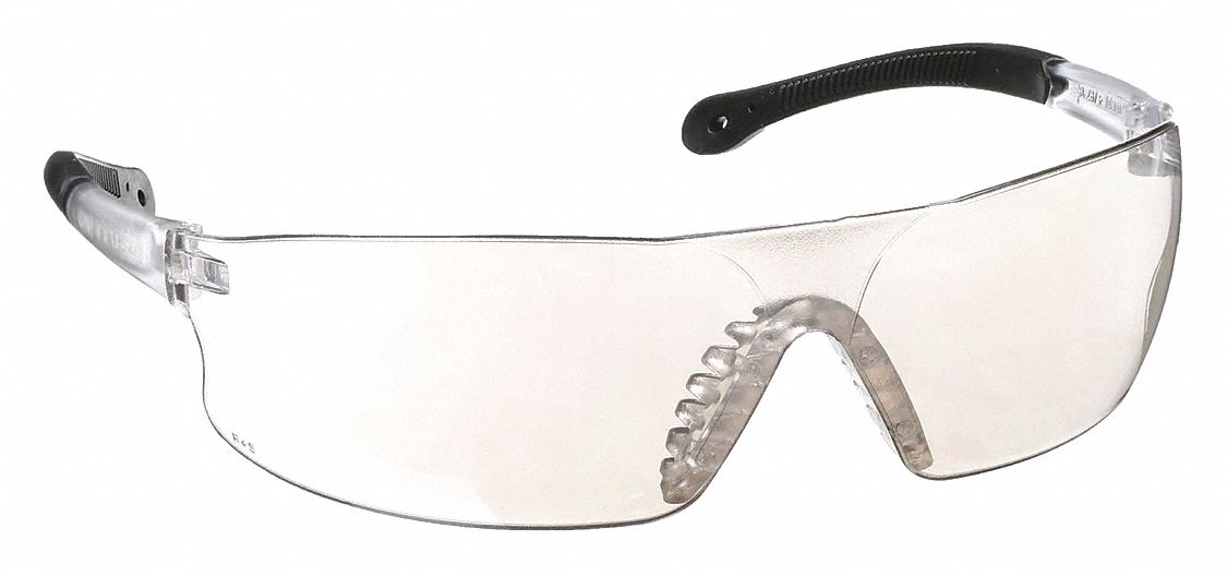 Safety Glasses: Light Gray Lens, Frameless, Indoor/Outdoor, Black/Clear Frame