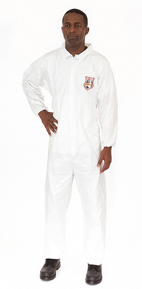 COLLARED DISPOSABLE COVERALLS, XL, MICROGUARD, MICROPOROUS FABRIC, ELASTIC CUFFS, WHT