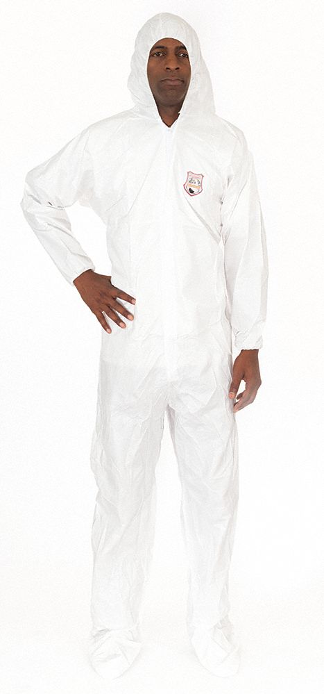 HOODED DISPOSABLE COVERALLS, MICROPOROUS FABRIC, BOOTS W/COVERS, M