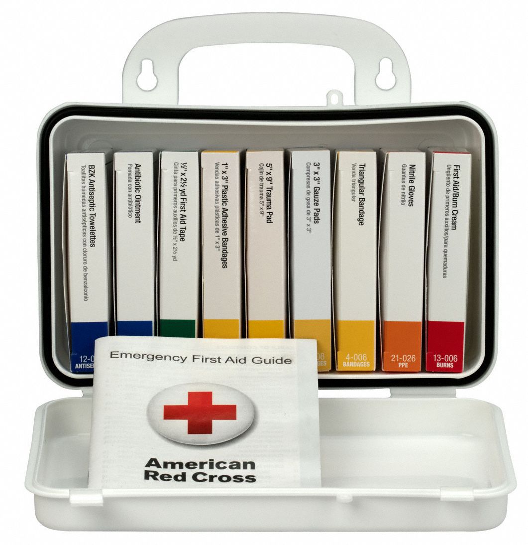 First Aid Kit and Housing: Gen Purpose, 10 People Served, 65 Components, Plastic