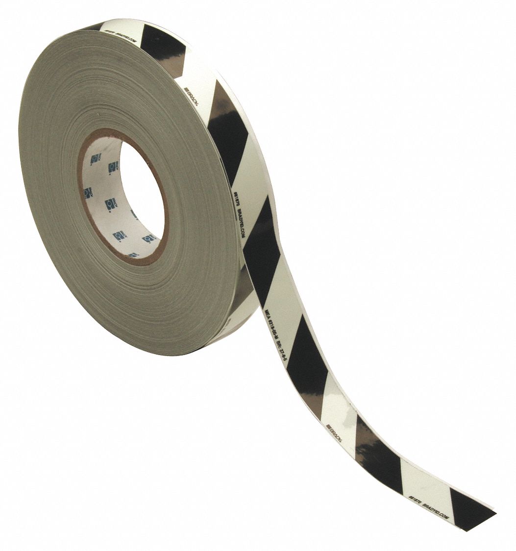 Floor Marking Tape: Glow-in-the-Dark, Striped, Black/White, 1 in x 50 ft, 9.4 mil Tape Thick