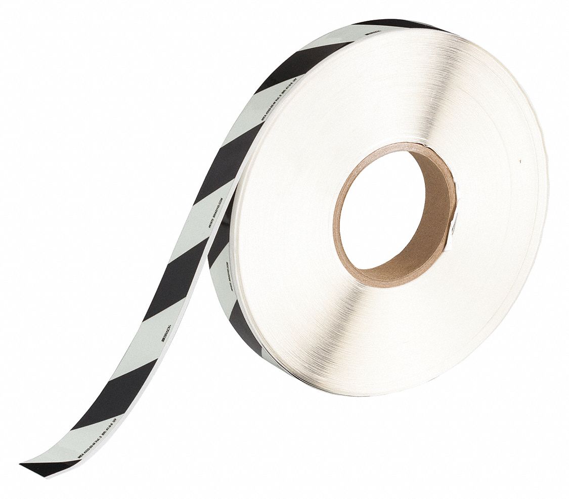 Floor Marking Tape: Glow-in-the-Dark, Striped, Black/White, 1 in x 250 ft, 9.4 mil Tape Thick