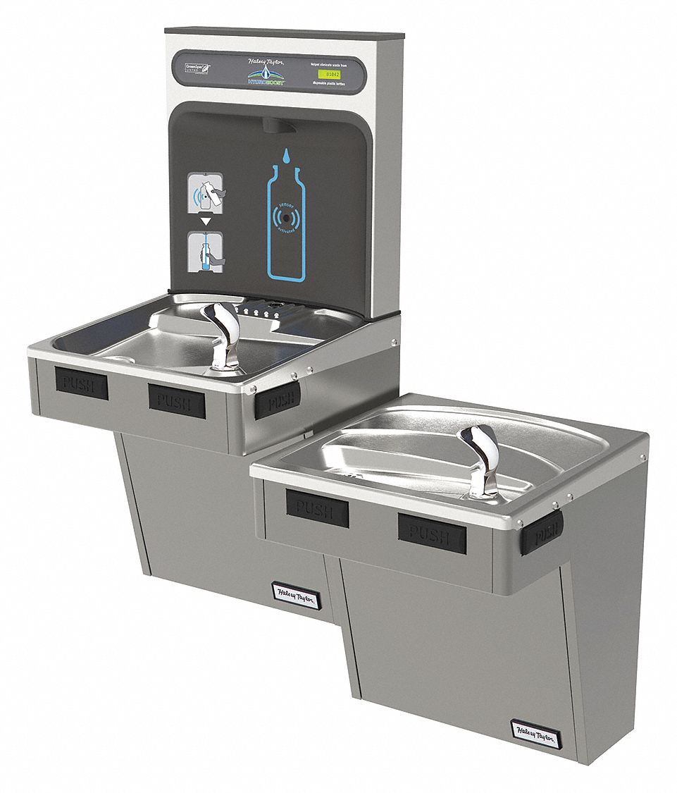 Bi-Level Drinking Fountain with Bottle Filler: On-Wall, 8 gph @ 50°F, Steel, Silver