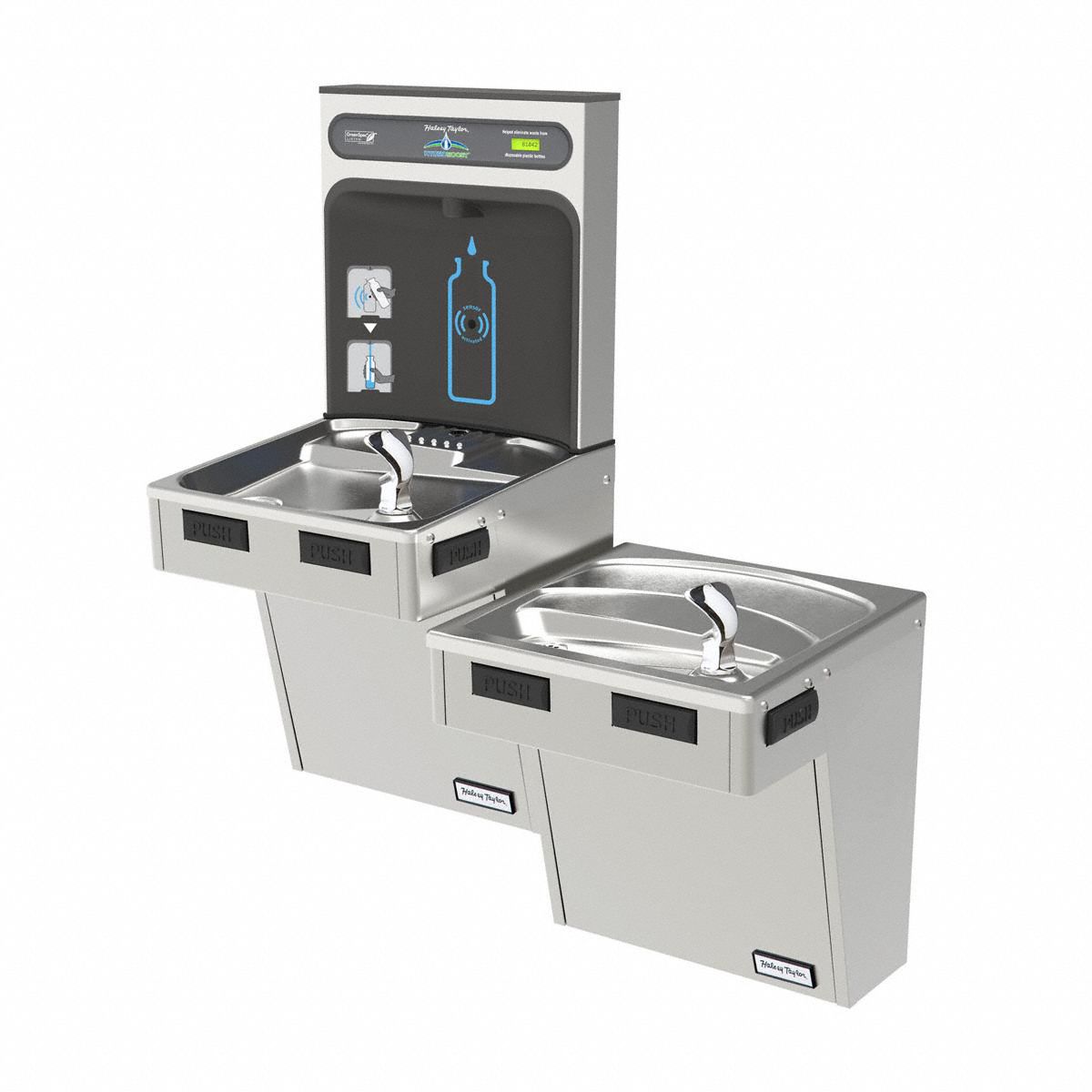 Bi-Level Drinking Fountain with Bottle Filler: On-Wall, 8 gph @ 50°F, Stainless Steel
