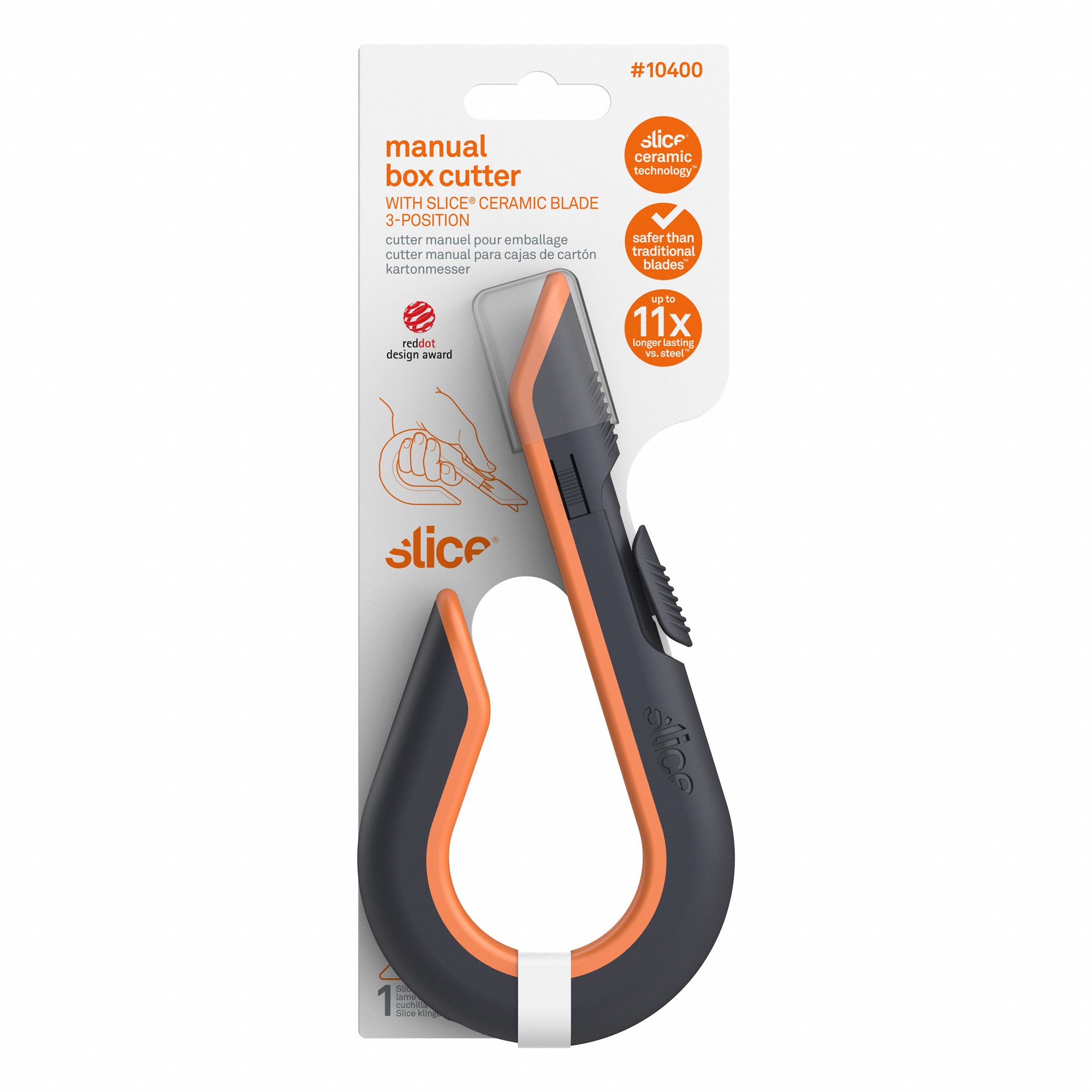 SLICE Box Cutter 7 in Overall Lg, Ceramic Rounded Tip, Textured, Plastic, Black/Orange 6XVR1