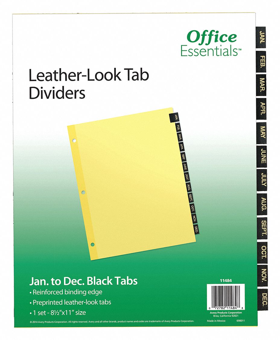 Binder Divider: Jan to Dec Tabs, Black, 12 Tabs, 11 in Ht, 8 1/2 in Wd