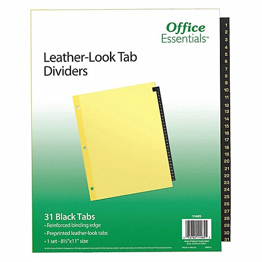 Binder Divider: 1 to 31 Tabs, Black, 31 Tabs, 11 in Ht, 8 1/2 in Wd