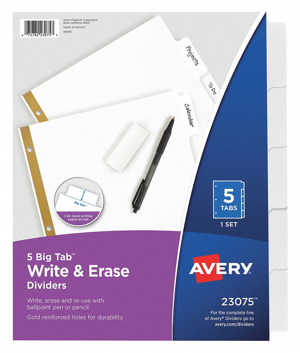 BINDER DIVIDER,WRITE-ON TABS,5 TABS,WHT