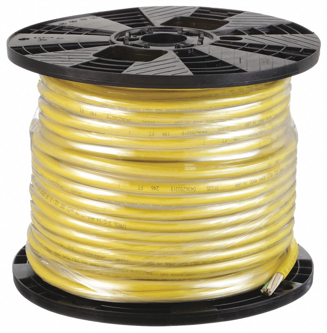 Portable Cord: SJOOW, 300 V, 3 Conductors, 14 AWG, Yellow Jacket, 250 ft Overall Lg