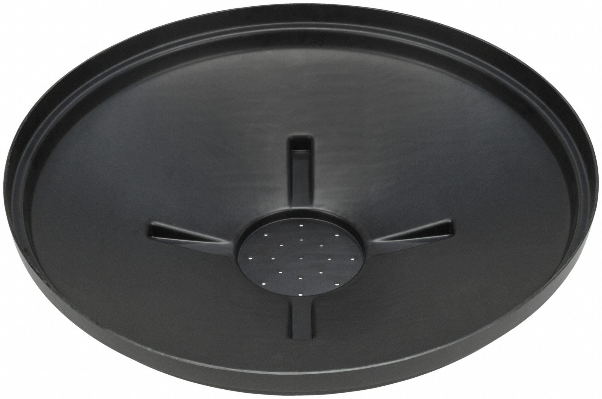 Funnel Drain Pan: Plastic, 24 1/2 in Overall Dia, 5 3/4 in Overall Ht, Funnel extension, Black