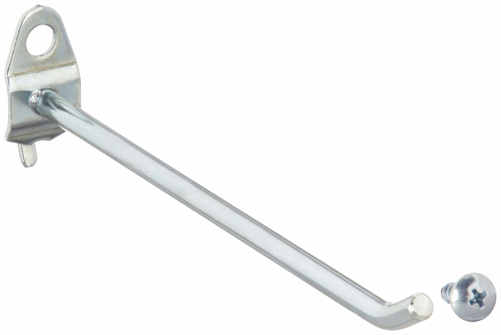 Single Rod Pegboard Hook: 1/8 in_1/4 in Peg Hole, Screw-In, Surface, Silver, 10 PK