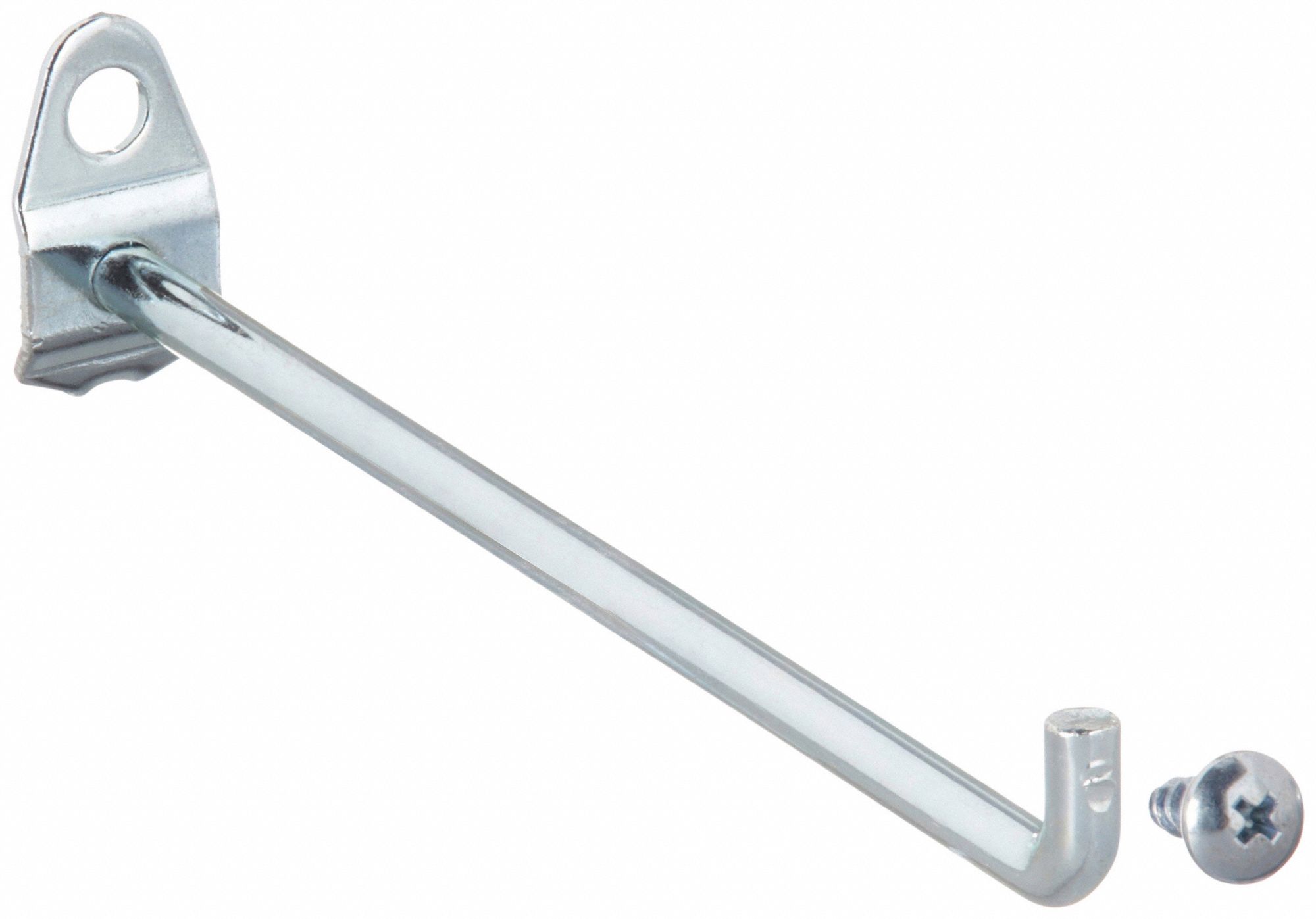 Single Rod Pegboard Hook: 1/8 in_1/4 in Peg Hole, Screw-In, Surface, Silver, 10 PK
