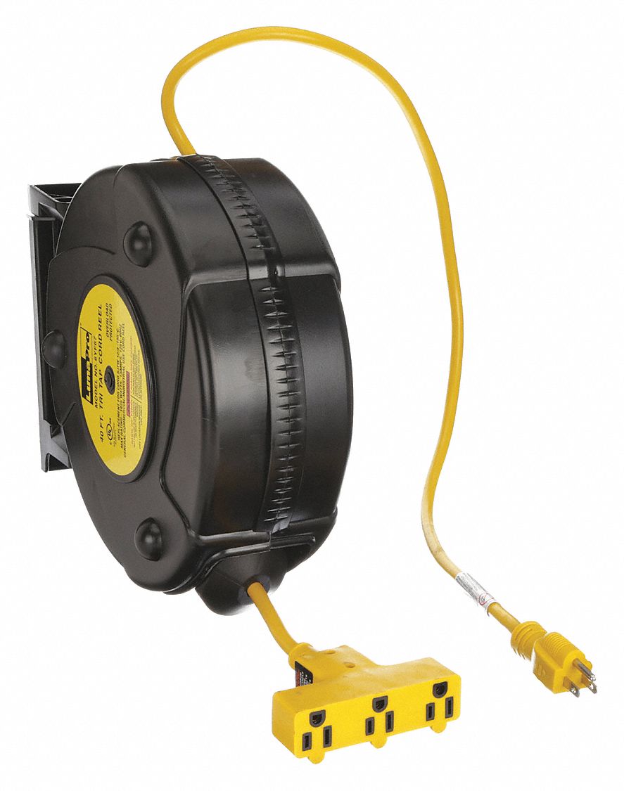 Retractable Cord Reel, 120V AC, Triple Tap Connector, 40 ft, Black Reel