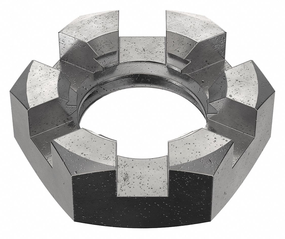 Castle Nut: Slotted Castle, Std Hex, 1"-8 Thread Size, Steel, Grade 5, Plain, 1 1/2 in Hex Wd, 5 PK