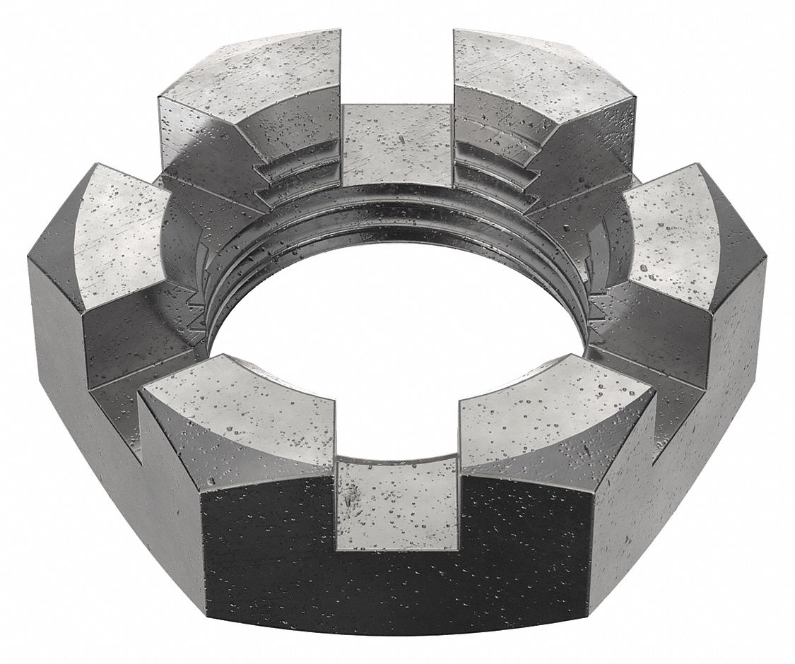 Castle Nut: Slotted Castle, Std Hex, 1"-14 Thread Size, Steel, Grade 5, Plain, 1 1/2 in Hex Wd, 5 PK