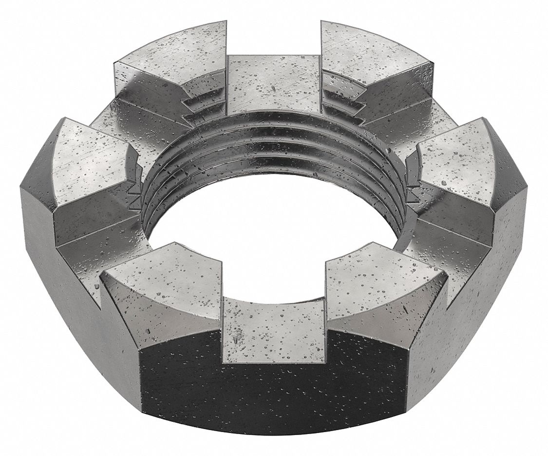 Castle Nut: Slotted Castle, Std Hex, 1 1/8"-12 Thread Size, Steel, Grade 5, Plain, 5 PK