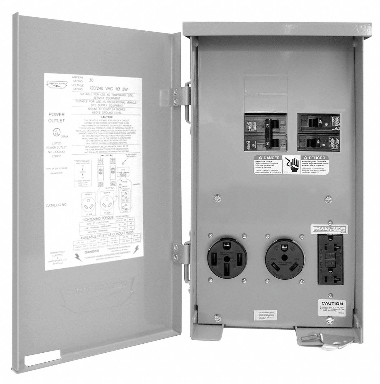Power Outlets: NEMA 5-20R2 GFCI, TT-30 travel trailer receptacle, NEMA 50. Breakers:1P 20A, 1P 30A, 