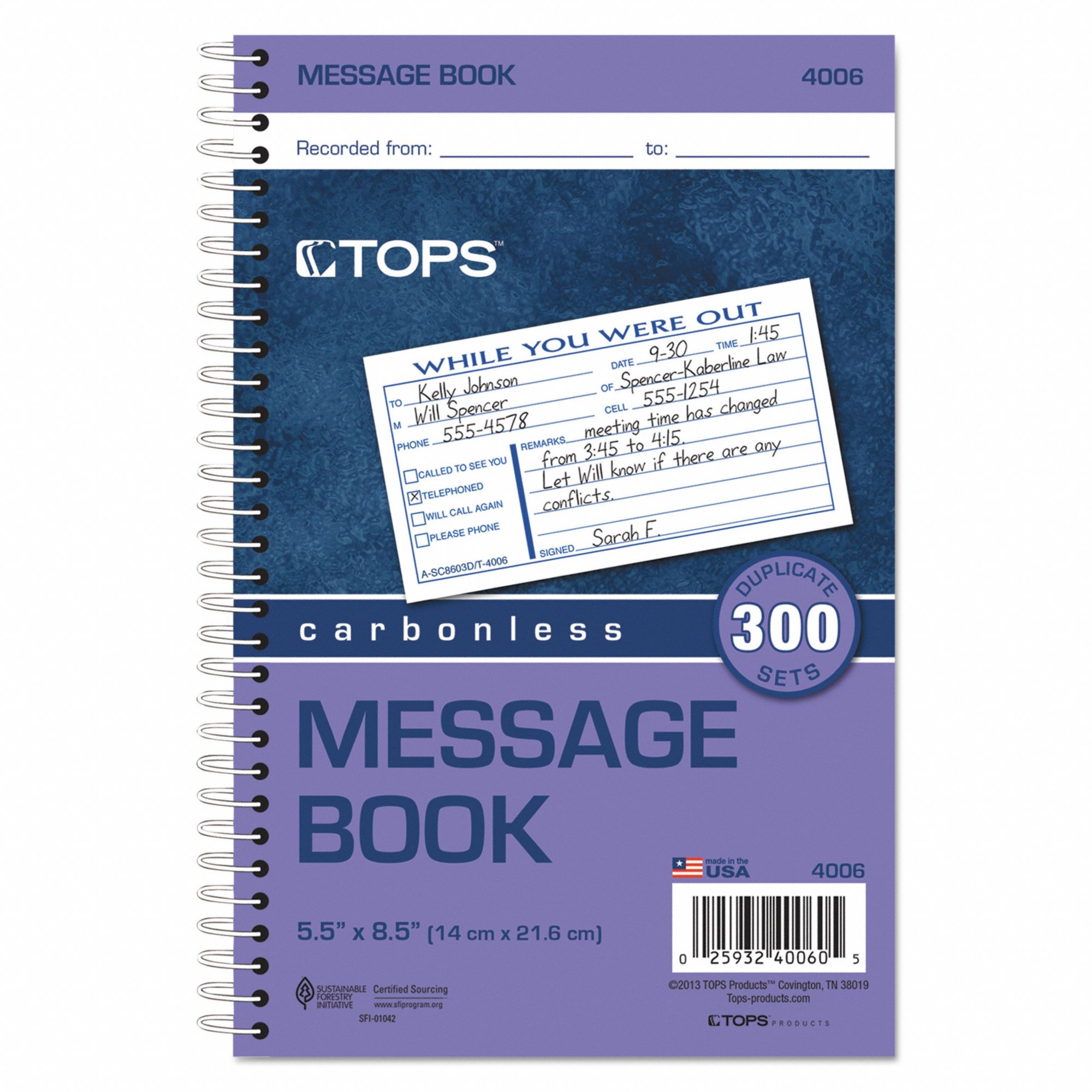 TOPS Phone Message Book 5 in Lg, 2 5/6 in Wd, Carbon Copies, 100