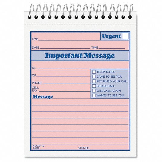 TOPS Phone Message Book: 6 in Lg, 4 1/4 in Wd, Carbon Copies, 50 Sheets ...