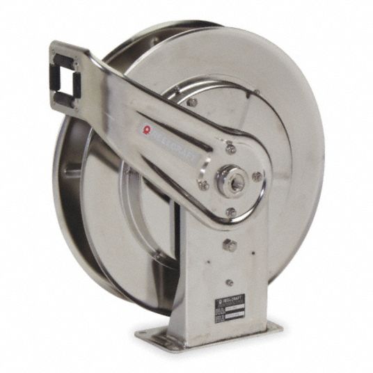 Spring Return Hose Reel: 50 ft (1/2 in I.D.), 500 psi Max Op Pressure,  Stainless Steel, Silver