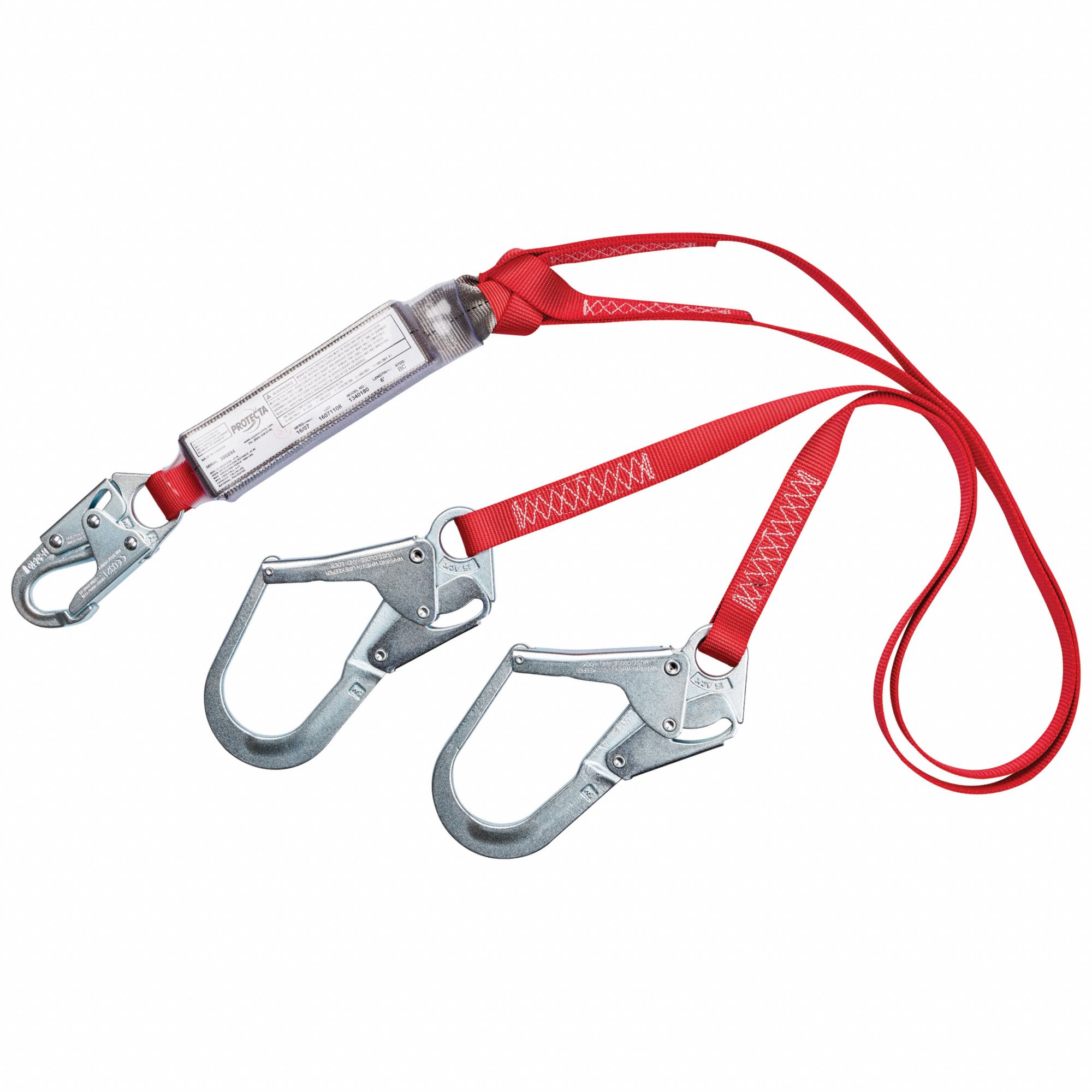 Shock-Absorbing Lanyard: Shock Pack, Steel Rebar Hook, Steel Snap Hook, 310 lb Capacity