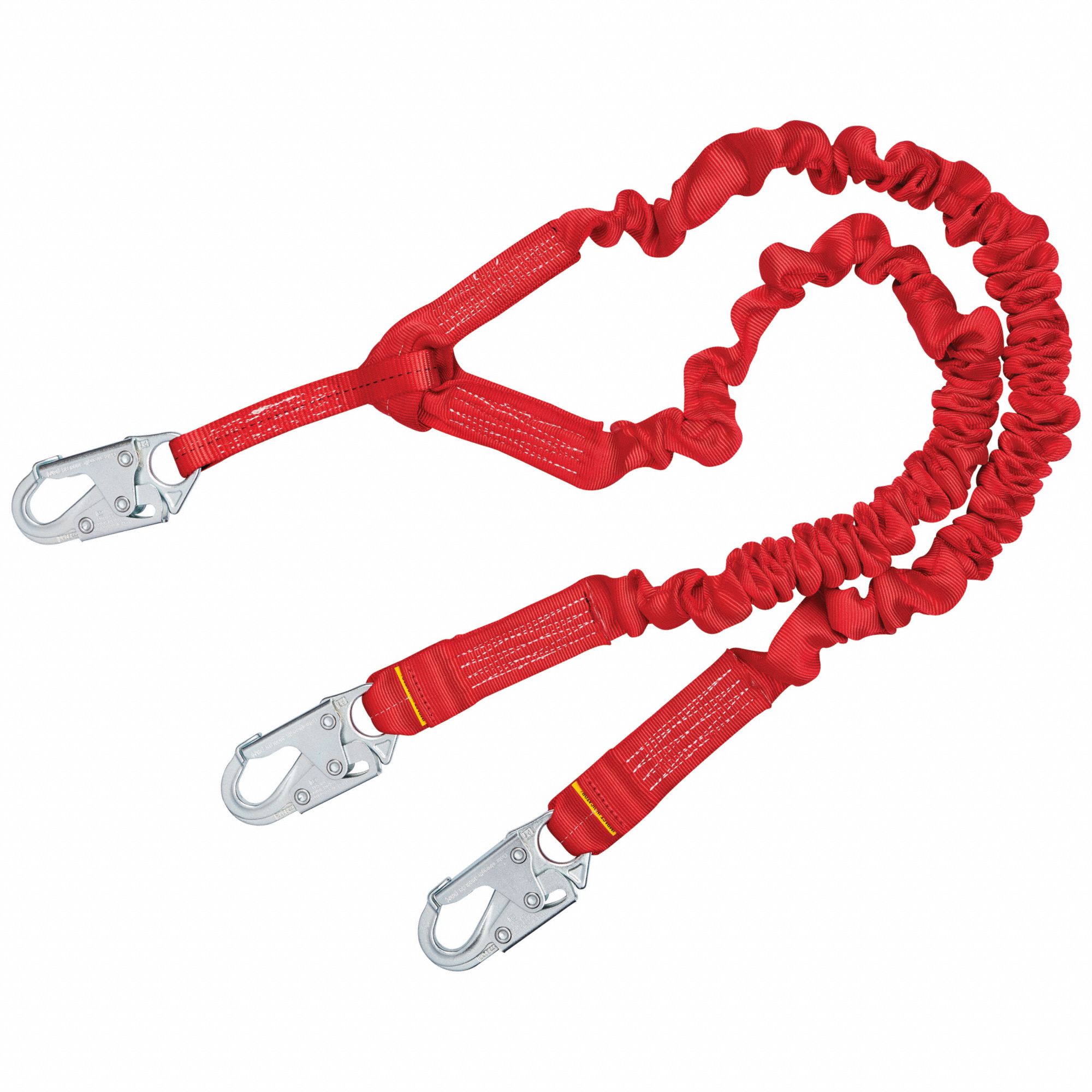 Shock-Absorbing Lanyard: Tubular Webbing, Steel Snap Hook, Steel Snap Hook, 2 Legs, Red