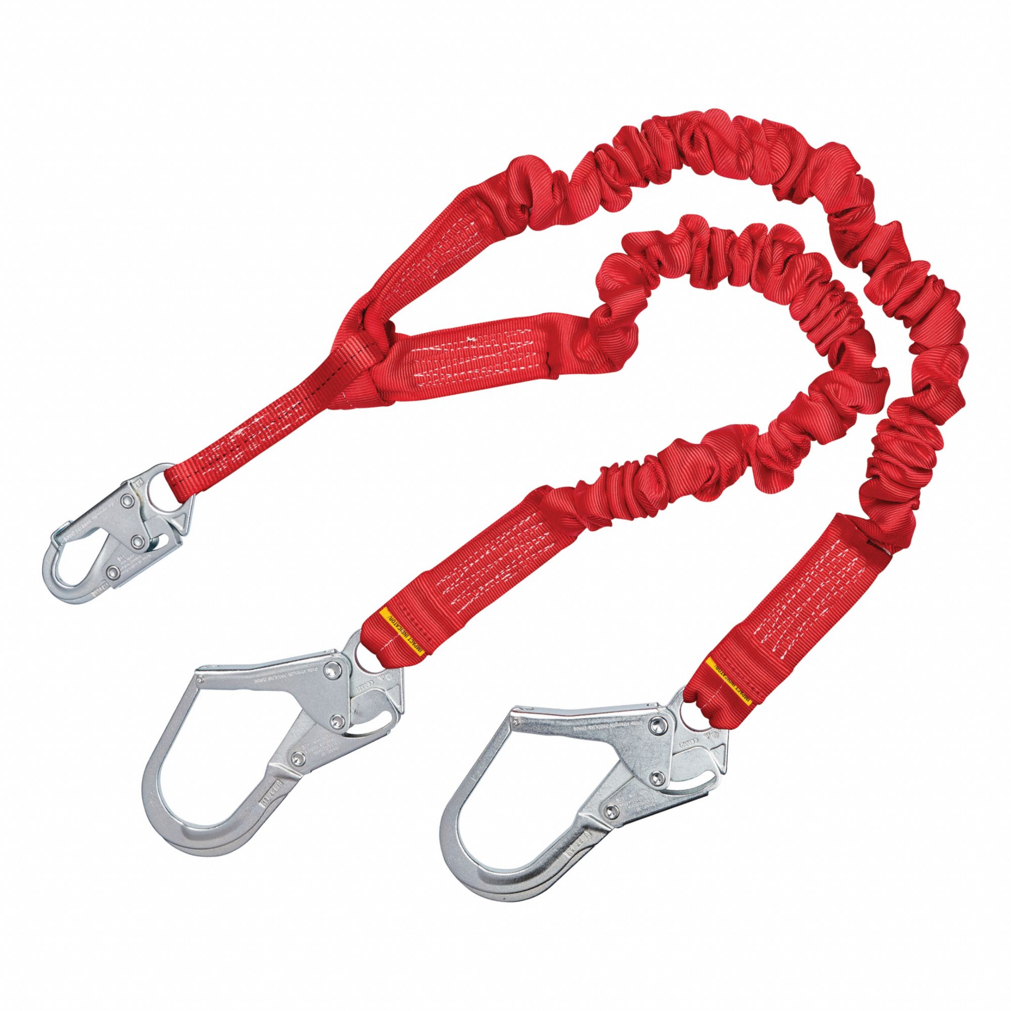 Shock-Absorbing Lanyard: Tubular Webbing, Steel Rebar Hook, Steel Snap Hook, 2 Legs, Red