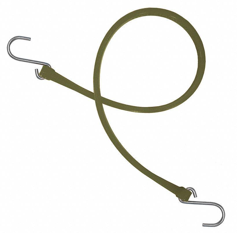 Bungee Strap: Polyurethane, 18 in Bungee Lg, 3/4 in Bungee Wd, S-Hook, Steel, Military Green