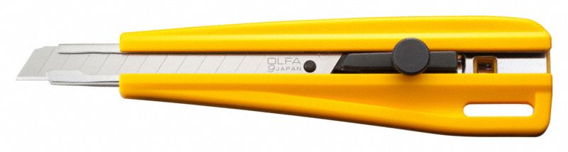 Snap-Off Utility Knife: 5 in Overall Lg, Plain, 13 Segments, 0 Blades Stored, Yellow, Plastic