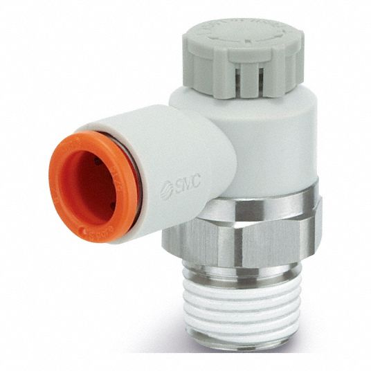 SMC Speed Control Valve: Elbow Fitting, Knob, 1/4 in/1/8 in Valve Body  Size, 1/8 in NPT, 1/8 in Tube