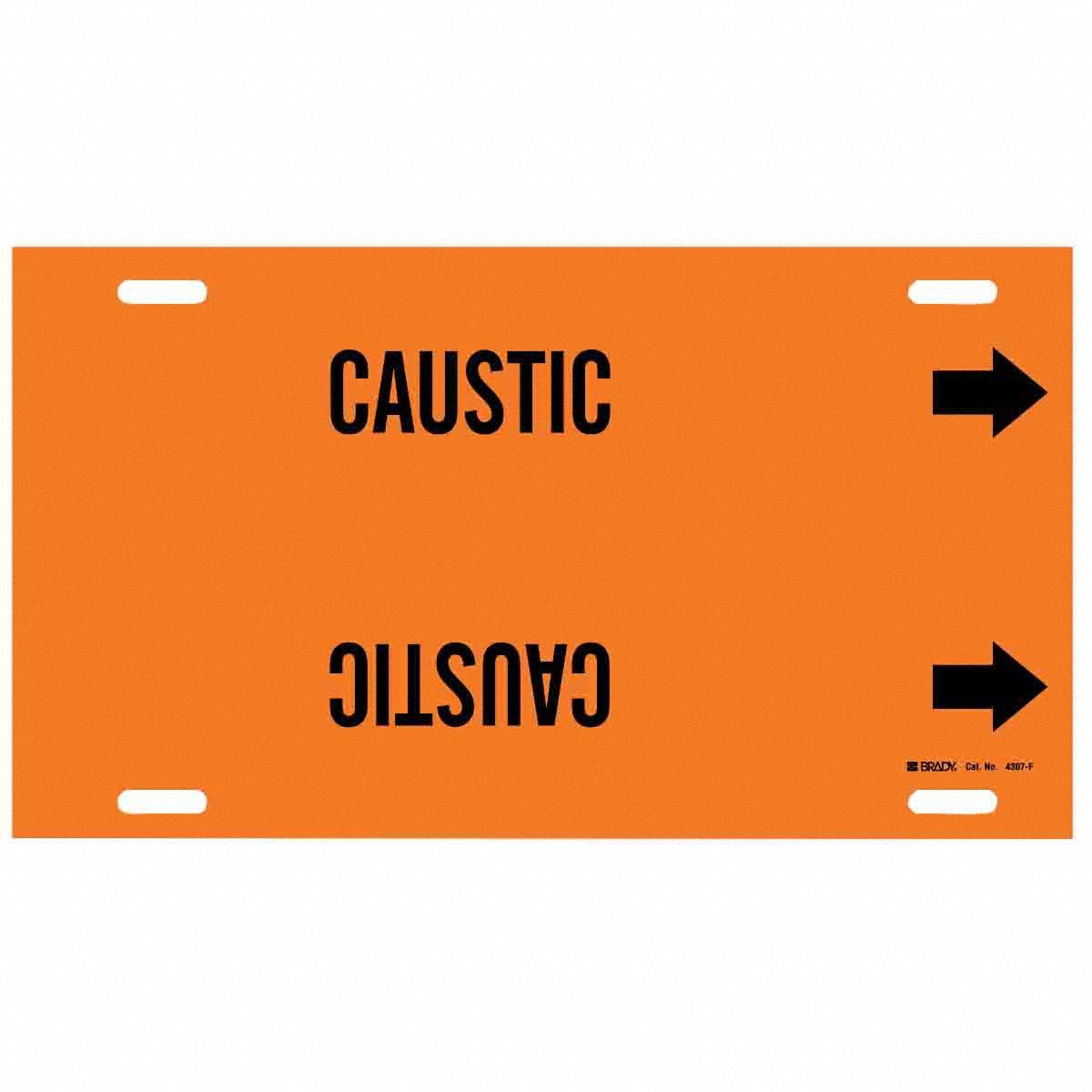 Pipe Marker: Caustic, Orange, Black, Fits 6 to 7 7/8 in Pipe O.D., 1 Pipe Markers, With Arrows