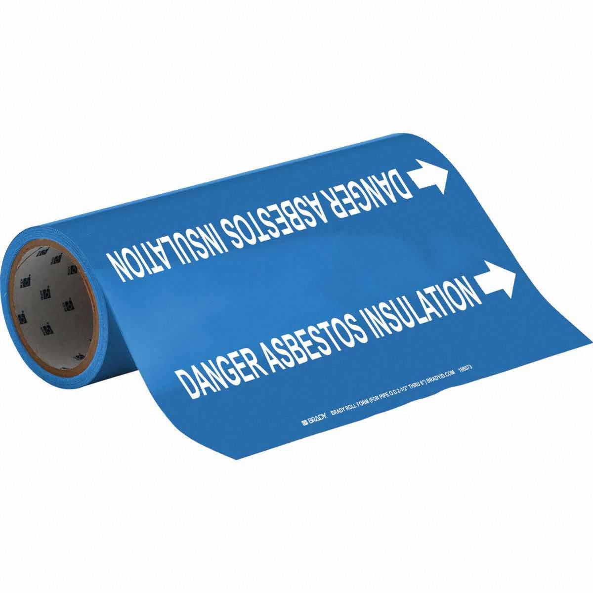 Pipe Marker: Danger Asbestos Insulation, Blue, White, Fits 2 1/2 to 6 in Pipe O.D., 30 Pipe Markers