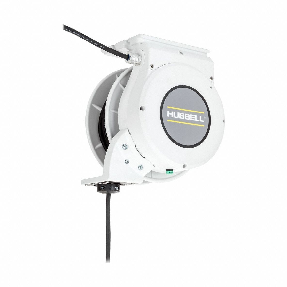 HUBBELL WIRING DEVICE-KELLEMS Extension Cord Reel: Ratchet Lock, 25 ft Cord Lg, 12 AWG, SJO, White (MPN HBLM25123). Key specifications — Retractable Cord Ending NEMA Configuration: Bare Wire; Brand: HUBBELL WIRING DEVICE-KELLEMS.