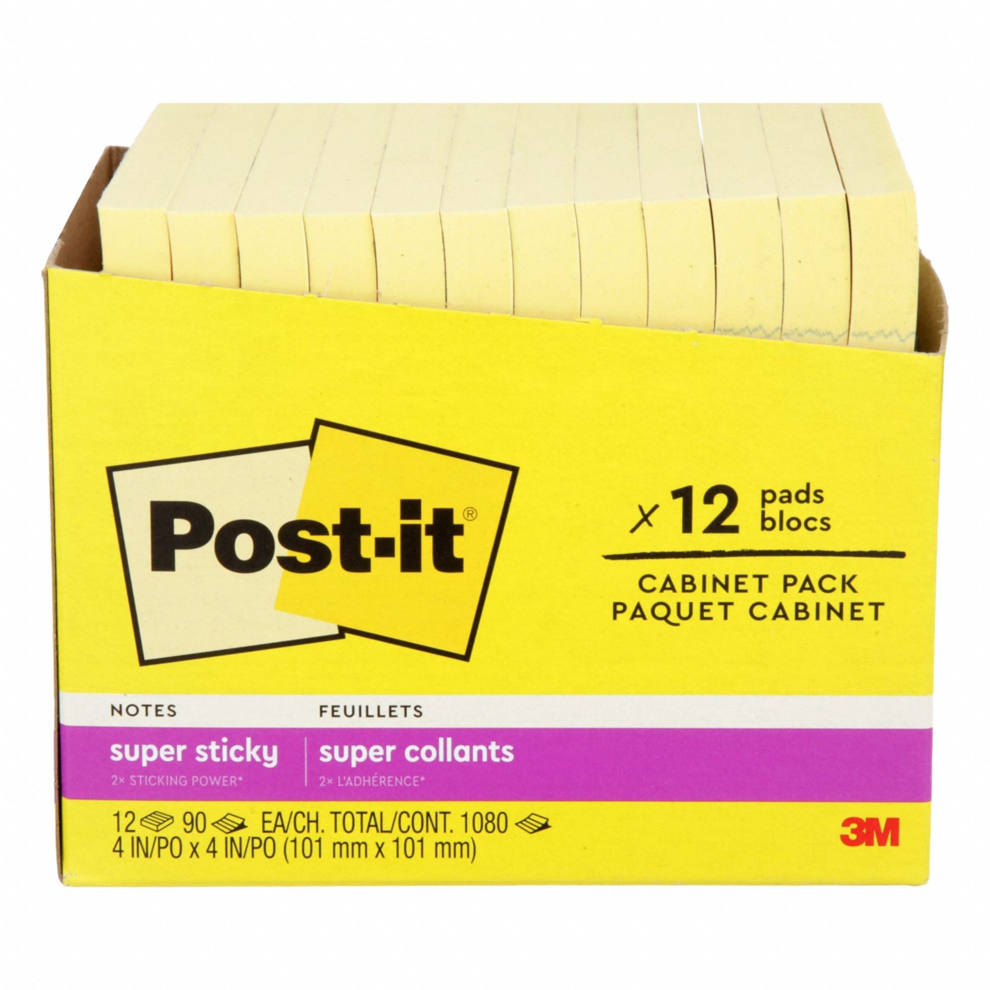 Sticky Notes: Yellow, Super Sticky, 90 Sheets per Pad, 12 Pads per Pack, 4 in x 4 in, 12 PK