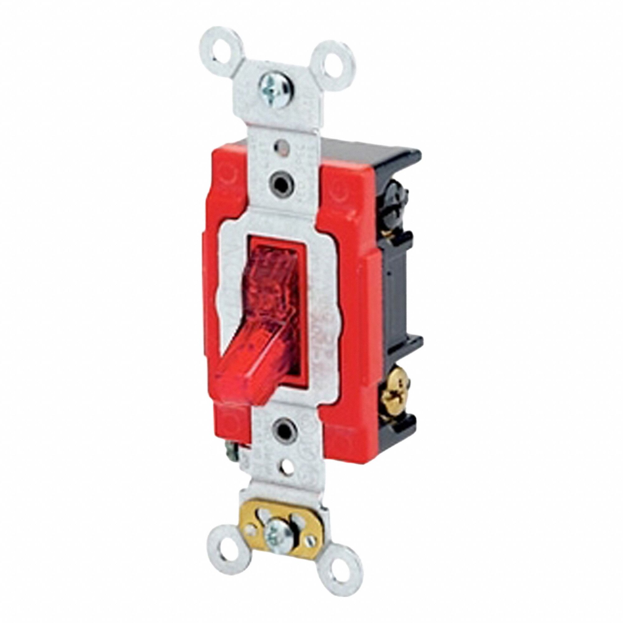 AC Quiet Switch: Toggle Switch, 3-Way, Red, 20 A, 277V AC, Screw Terminals, Pilot Light